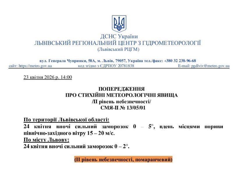 Штормове попередження у Львівській області: очікуються заморозки та сильний вітер