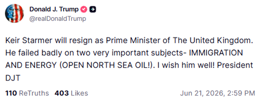 Трамп висловився щодо ймовірної відставки Лестера Стармера