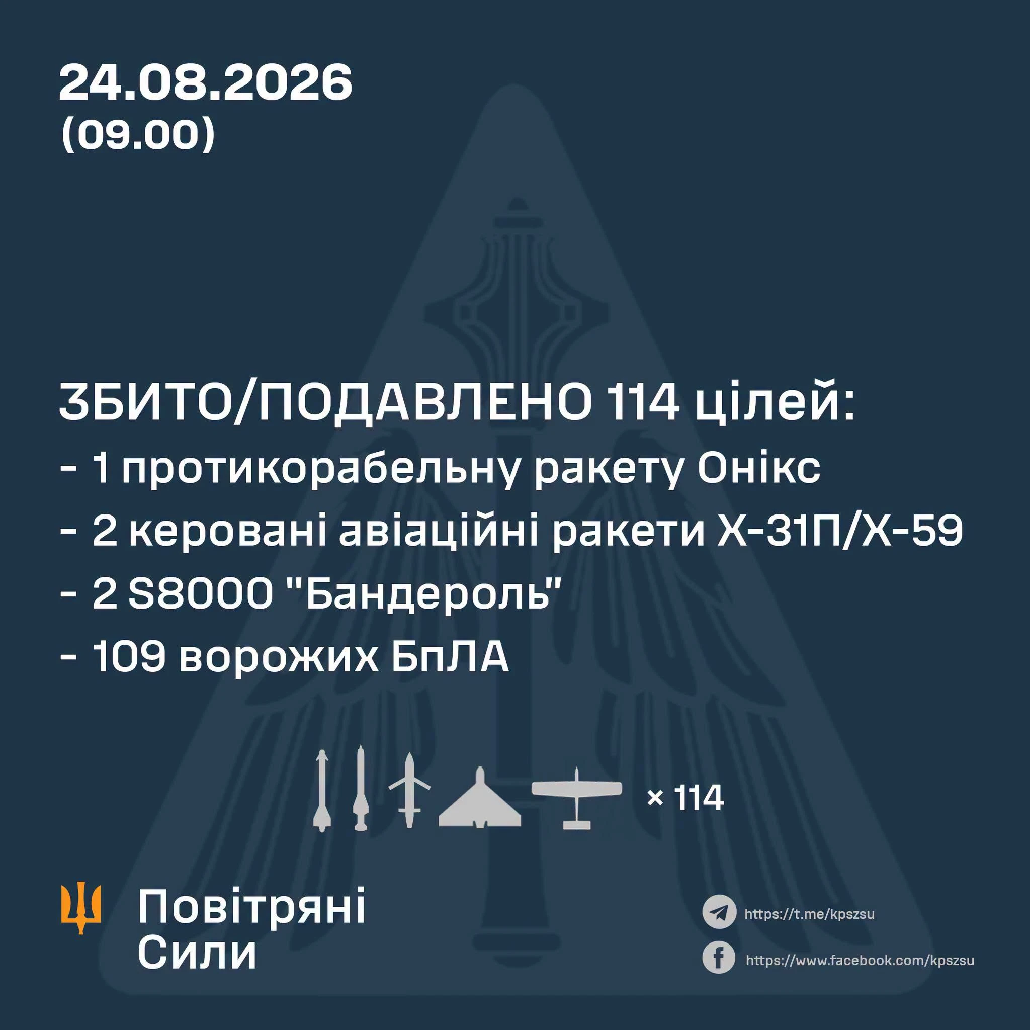 Повітряні сили України знищили 114 ворожих засобів нападу в ніч на 24 серпня