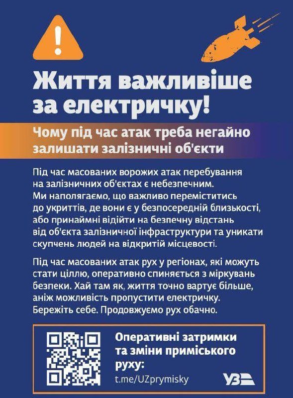 Укрзалізниця нагадує пасажирам про безпеку під час повітряних тривог: життя важливіше за електричку